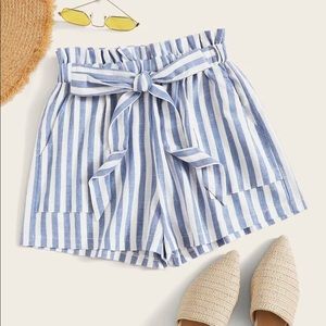 Blue/White Striped Paperbag Waist Belted Shorts 2X